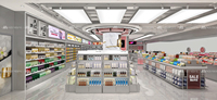 Aménagement moderne de magasin de cosmétiques : îlot incurvé avec étagères LED intégrées pour l'aménagement intérieur de magasins de détail K-Beauty multi-catégories