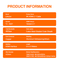 Câble HDMI 2.1 ultra-fin 8K A221-3 durable, plaqué or, gaine en PVC, pour diffusion vidéo, jeux, moniteur HDMI, haut-parleur
