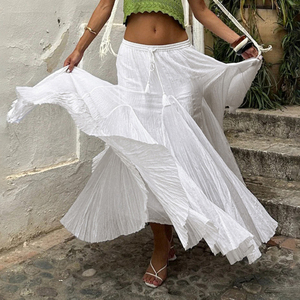 กระโปรงแม็กซี่ทรงเอไลน์สีพื้นเรียบหรูสำหรับผู้หญิง เอวธรรมชาติ รูดเชือกผูกเอว สวมใส่สบาย ทรงเข้ารูป เป็นมิตรกับสิ่งแวดล้อม เหมาะสำหรับฤดูร้อน - Product Image 1