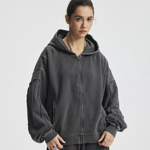 Sweat à capuche unisexe automne-hiver en coton 100% uni, style streetwear, multi-déchirures, avec empiècements, teint en pièce, veste zippée, vente en gros, logo personnalisé - Product Image 5