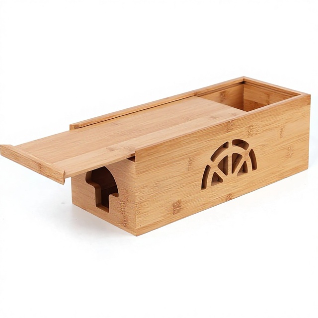 Bamboo Cable Management Box with Lid Wooden Power Strip Surge Protector Cable Organizer for Home Office Desk TV Stand