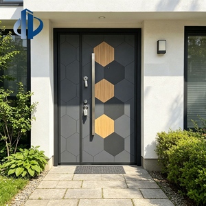Porta d'Ingresso Moderna Curva in Acciaio e Legno Composito, Pannello Orizzontale con Venatura del Legno, Cancello di Sicurezza Antifurto in Acciaio, Maniglie per Porta - Product Image 4
