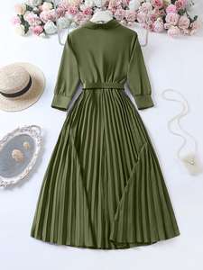 Abiti Primaverili Alla Moda per Donne, <span class=keywords><strong>Elegante</strong></span> <span class=keywords><strong>Vestito</strong></span> a Maniche Lunghe con Scollo a V e Pieghe, Abito da Ufficio a Linea A con Cintura - Product Image 4