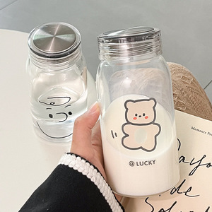 <b>Cute</b> Cartoon <b>Bear</b> Glass Cup With Lid Heat Resistant For Students And Couples - Product Image 2