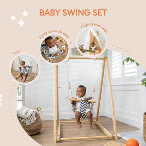 Ensemble de balançoire pliable pour bébé et tout-petit en épicéa personnalisé avec support - Style Montessori, Waldorf de qualité supérieure, balançoire autoportante d'intérieur - Product Image 5