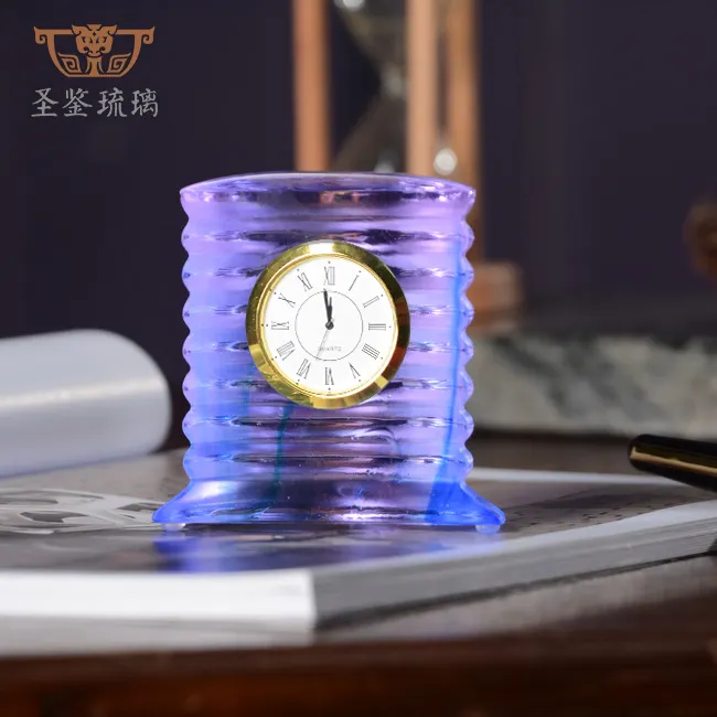 OEM Custom Hot Selling Blue Crystal Glass Geometry Arch Shape Table Desk Alarm Clock