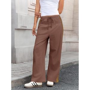 Pantalones Anchos de Mujer Fisoew, Cintura Alta, Rayados, Estilo Palazzo, con Bolsillos, Color Marrón, Transpirables, Estilo Casual - Product Image 2