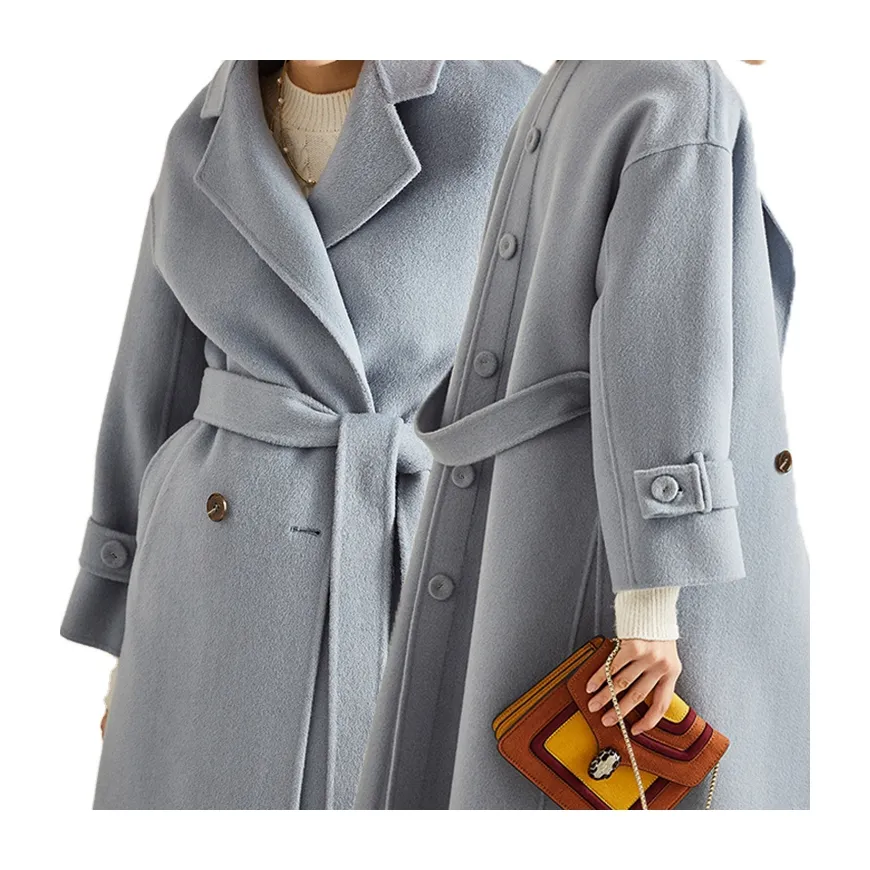 High quality sky blue long winter trench coat cashmere 100% handmade belt ladies wool coat