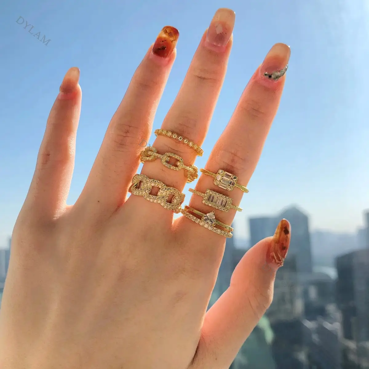 Dylam High Quality Minimalistic Vintage Dainty Simple 18K Golden Gift Double Wear Popular Accessories Jewelry CZ 5A Rings s925