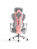 Chaise de jeu ergonomique rose en maille avec dossier inclinable réglable, roulettes pivotantes, support lombaire pour configuration de bureau informatique