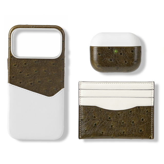 Ostrich Embossed Leather Wallet Case Genuine Phone Case Card Slot Magnetic Closure Luxury Two Tone Wireless Charging Shockproof