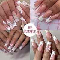 120 faux ongles longs carrés à pointes françaises, blancs, à couverture complète, avec adhésifs acryliques, pré-conçus, 12 tailles, pour manucure femme