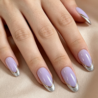 Prêt à expédier – 24 faux ongles à presser, couleur lavande, avec paillettes argentées, pointe française et contour doré, longs, forme amande, réutilisables