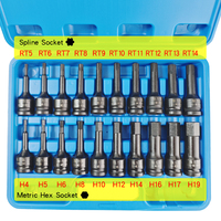 Jeu de douilles Cr-Mo 20 pièces, entraînement 1/2 pouce, longueur 78 mm, cannelures RT5-14 et hexagonales H4-19, phosphaté noir, kit de réparation industriel