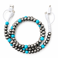 Câble de données USB 4-en-1 tendance, style western, avec perles argentées et turquoise, charge rapide, cordon multi-chargeur Type C, accessoires auto