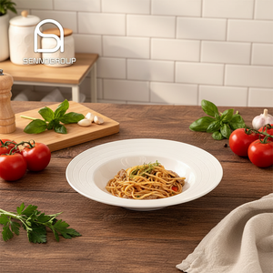 Assiettes creuses en céramique blanches <span class=keywords><strong>semi</strong></span>-mates rondes en vrac, style chapeau de paille, haut de gamme, pour fêtes, dîners, steak, pâtes, avec motif lignes, économiques - Product Image 4