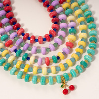 Collier multirangs coloré en perles pour femme, avec breloque cerise, design animalier tendance, plaqué or, fait main, cadeau, tiers