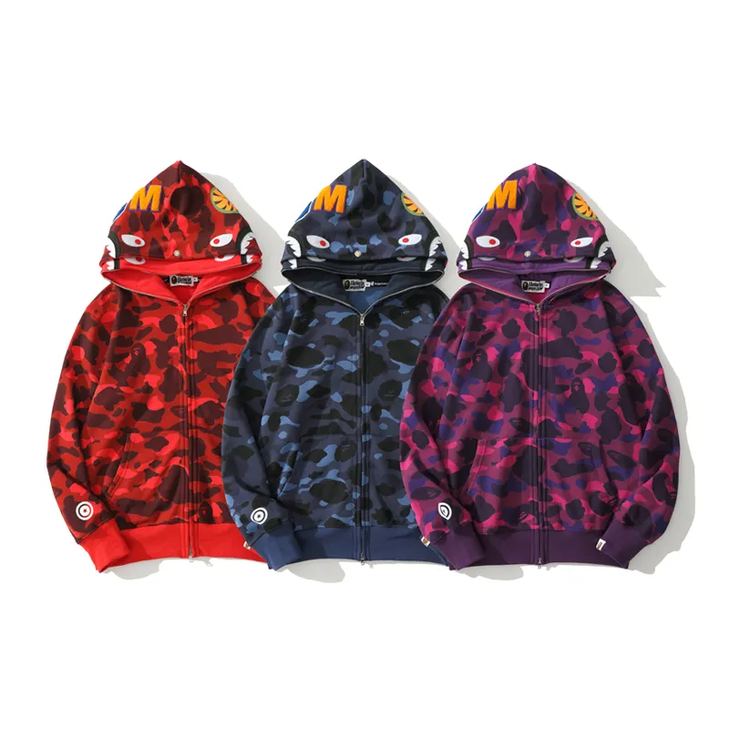 New products high qualityWholesale B APE Color Camo Shark Full Zip Hoodie bathing ape purple blue red hoodie men women
