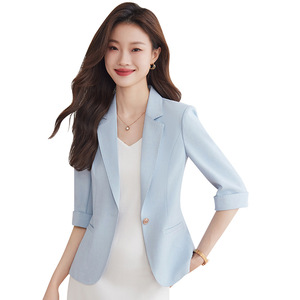 Light Blue Three Quarter Sleeve Blazer For Women Slim Fit Breathable Spring Summer 2025 Style Solid Color Polyester Fabric - Product Image 5