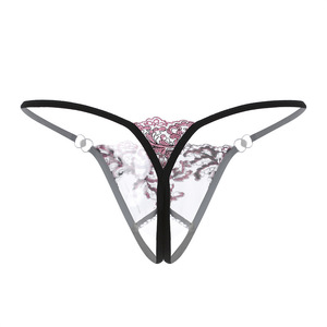Lingerie sexy pour femme avec grandes perles, broderie, string à entrejambe ouvert, taille basse, nœud, perles, pour adultes - Product Image 6