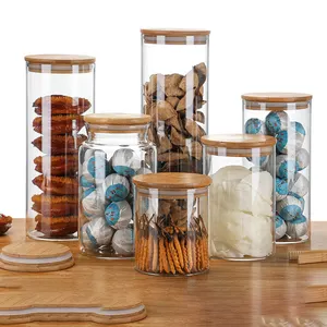 RAYBIN-Barattolo di spezie in bambù, Bottiglia di vetro con coperchio in bambù, Contenitore per la cucina
