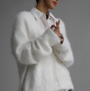 Dames Nieuwe Casual Stijl V-hals Cardigan Trui Met Knoopsluiting Logo Fuzzy Gebreide Losse Pasvorm - Product Image 6