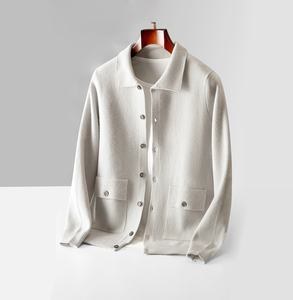 Suéter de lana tejido para <span class=keywords><strong>hombre</strong></span>, de Invierno, de Mongolia Interior, venta al por mayor de fábrica, logotipo personalizado, color sólido, cárdigan de lana gruesa con bolsillos - Product Image 1