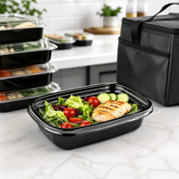 Conteneur alimentaire transparent en PET avec base noire et couvercle à clipser, boîte de conservation jetable pour poulet grillé et salade, vente en gros OEM