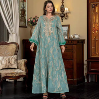 Abaya musulmane en polyester brodé or, maille respirante, col en V, poignets à plumes, kaftan, robe de soirée islamique modeste, pour femmes du Moyen-Orient