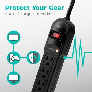 Protector de Sobretensión KMC de 6 Tomas, Paquete de 2, 900 Joules, Cable de Extensión de 4 Pies, Protección Contra Sobrecarga, 125V, Negro - Product Image 4