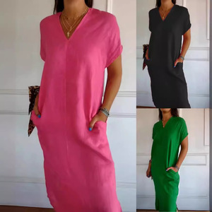 <span class=keywords><strong>Abbigliamento</strong></span> all'ingrosso S-3XL <span class=keywords><strong>donna</strong></span> vestito estivo scollo a V Casual semplice abiti di lino <span class=keywords><strong>verde</strong></span> - Product Image 3