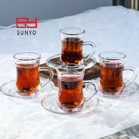 Taza de Café de Vidrio Transparente Estilo Turco SUNYO, Taza de Vidrio para Latte con Platillo, Resistente al Calor, Estilo Elegante, Venta al por Mayor