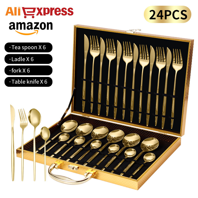 24pcs Custom Logo Eco-Friendly Modern Restaurant Tableware Flatware Spoon Fork Knife Wedding Cubiertos Gold SS304 Stainless Set · image 1