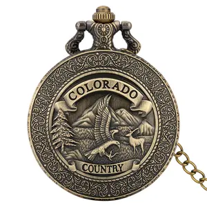 Khắc County Colorado EAGLE đồng hồ cổ điển mặt dây chuyền steampunk đầy đủ Thợ Săn đồng cổ tương tự Đồng hồ bỏ túi thạch anh với chuỗi