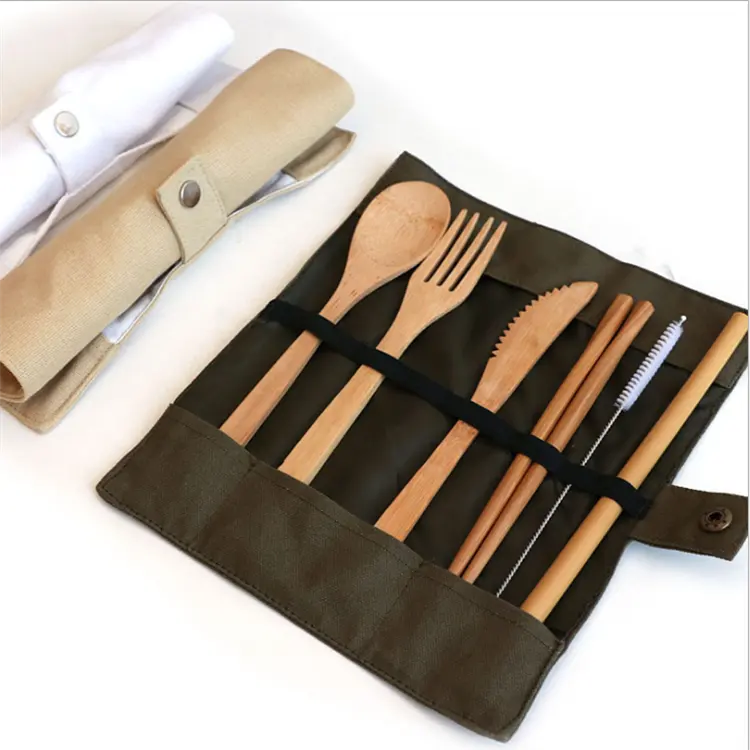 Wholesale Custom Travel Portable Reusable Organic Bamboo spoon fork chopsticks Flatware Utensil Cutlery Set in Pouch