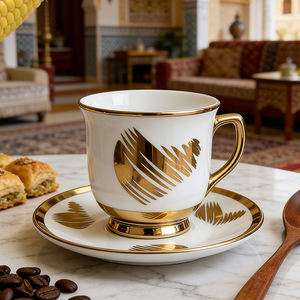Service à thé en céramique décoré plaqué or de luxe, fabriqué en Jordanie, tasses à café turques en porcelaine fine avec soucoupes pour café et mariage - Product Image 3