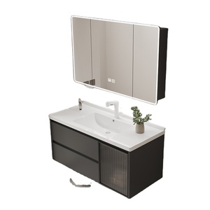 Lavabo de cerámica todo en uno, muebles de tocador de baño, gabinete de espejo de lavado de cara de aluminio con laca de pie - Product Image 1