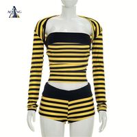 Seksi Çizgili Baskılı 3 Parça Takım Kadın Seksi Straplez Boru Üst Uzun Kollu Crop Top Şort Kadın Kulüp Seti