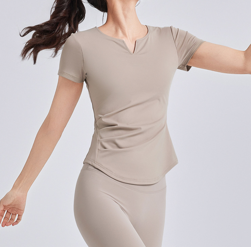 New Summer Women's V-neck Ruffled Yoga Short-sleeve Top with Shockproof Fixed Cups Slimming for Sports Fitness Anti-UV Quick-Dry
