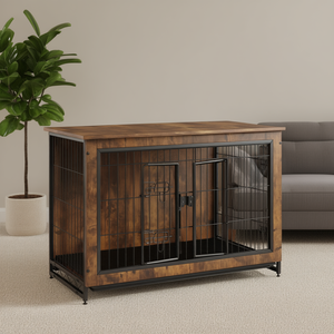 Jaula de madera para perros de 38 pulgadas con puertas dobles, color marrón rústico, resistente, para razas grandes, caseta interior con mesa auxiliar y bandeja extraíble - Product Image 2
