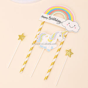 Décoration de gâteau d'<span class=keywords><strong>anniversaire</strong></span> <span class=keywords><strong>Licorne</strong></span> Arc-en-ciel en gros avec étoiles dorées scintillantes pour fêtes d'enfants - Product Image 4