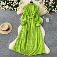 Robes longues élégantes pour femmes, vintage, françaises, brodées, à col à revers, à manches longues, avec ceinture à la taille