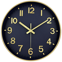Horloge murale moderne ronde silencieuse à quartz avec aiguilles en verre HD et cadre en plastique – Or et bleu marine pour chambre, salle à manger, bureau à domicile