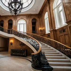 이중 곡선 계단 디자인, 단조 철 난간, 목재 계단, 포산 공급업체 - Product Image 2