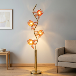 Showcase Decor Lotus Standing <b>Lamp</b>, Curved Gold Frame 4 Semi-transparent <b>Pink</b> Acrylic Flower <b>Floor</b> <b>Lamp</b> - Product Image 3