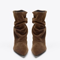 Bottines mi-mollet à talon aiguille plissées en daim à bout pointu QuiteS 2027, chaussures de soirée sexy pour femmes