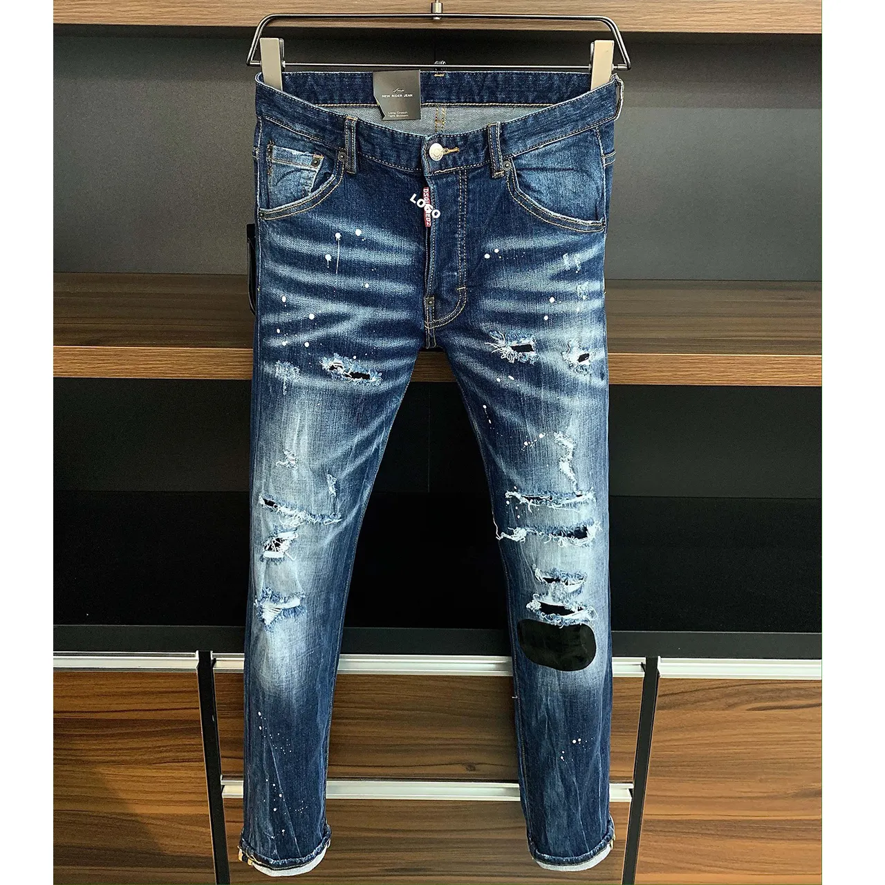 2023 Spring Hole Patch Mid-waist Button Jeans Men's D2 Jeans Micro-elastic Wash Fashion Slim Trend Men's Pants