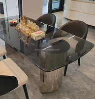 Table à manger moderne Japandi de 10 pieds avec dessus en verre rectangulaire extensible et miroir en acier inoxydable, design convivial