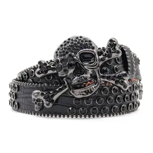 Western Cowboy Bling Bling Rhinestones Skull Belt Men Luxury Custom black Skull Studded Leather Waist Belt Strap