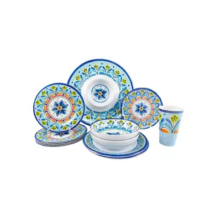 블루 플라워 디자인 패턴 플라스틱 5pcs 서빙 그릇 플레이트 컵 디너 식기류 세트 멜라민 식기 세트